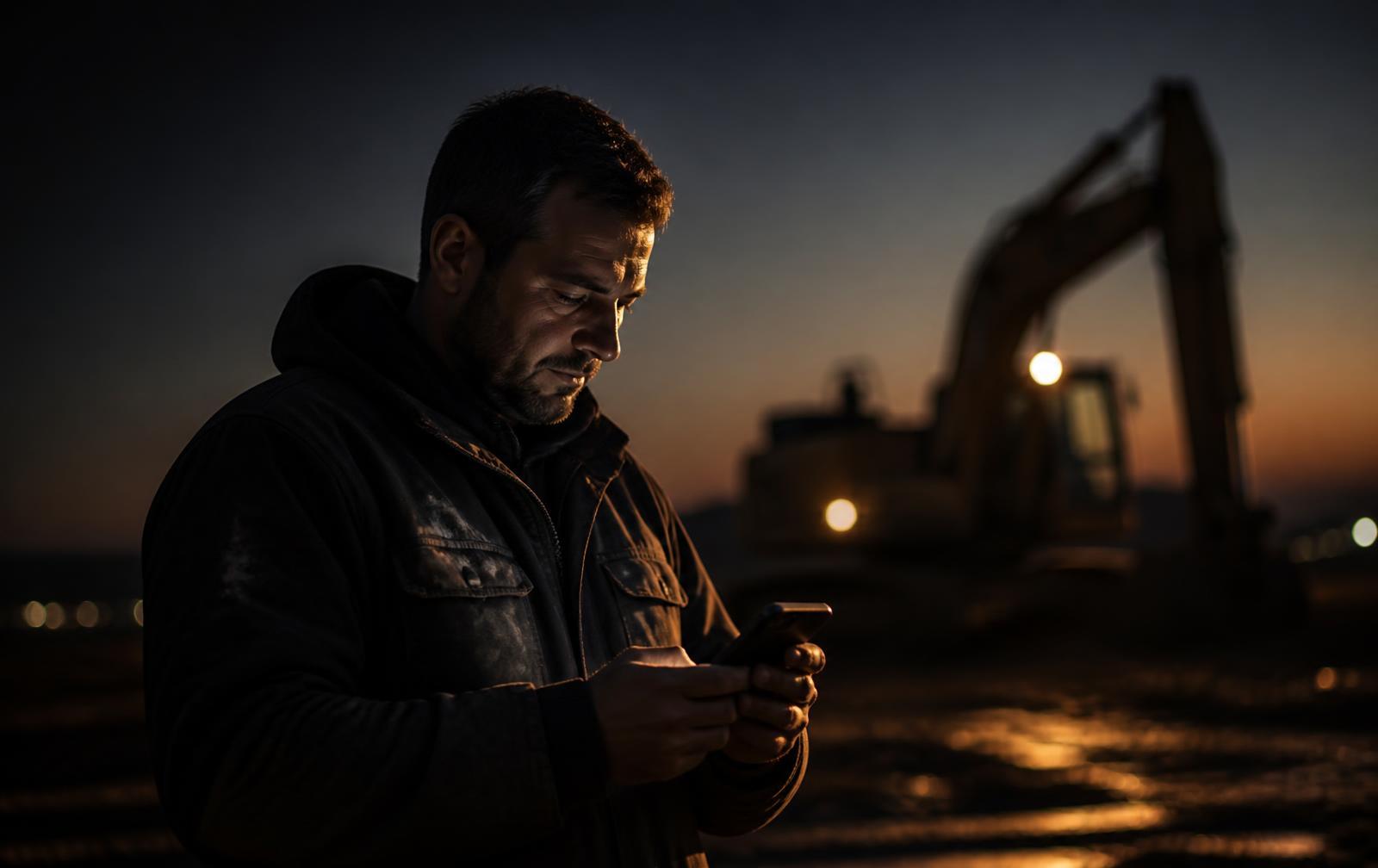 Business owner checking a new estimate request from his website on his phone at dusk